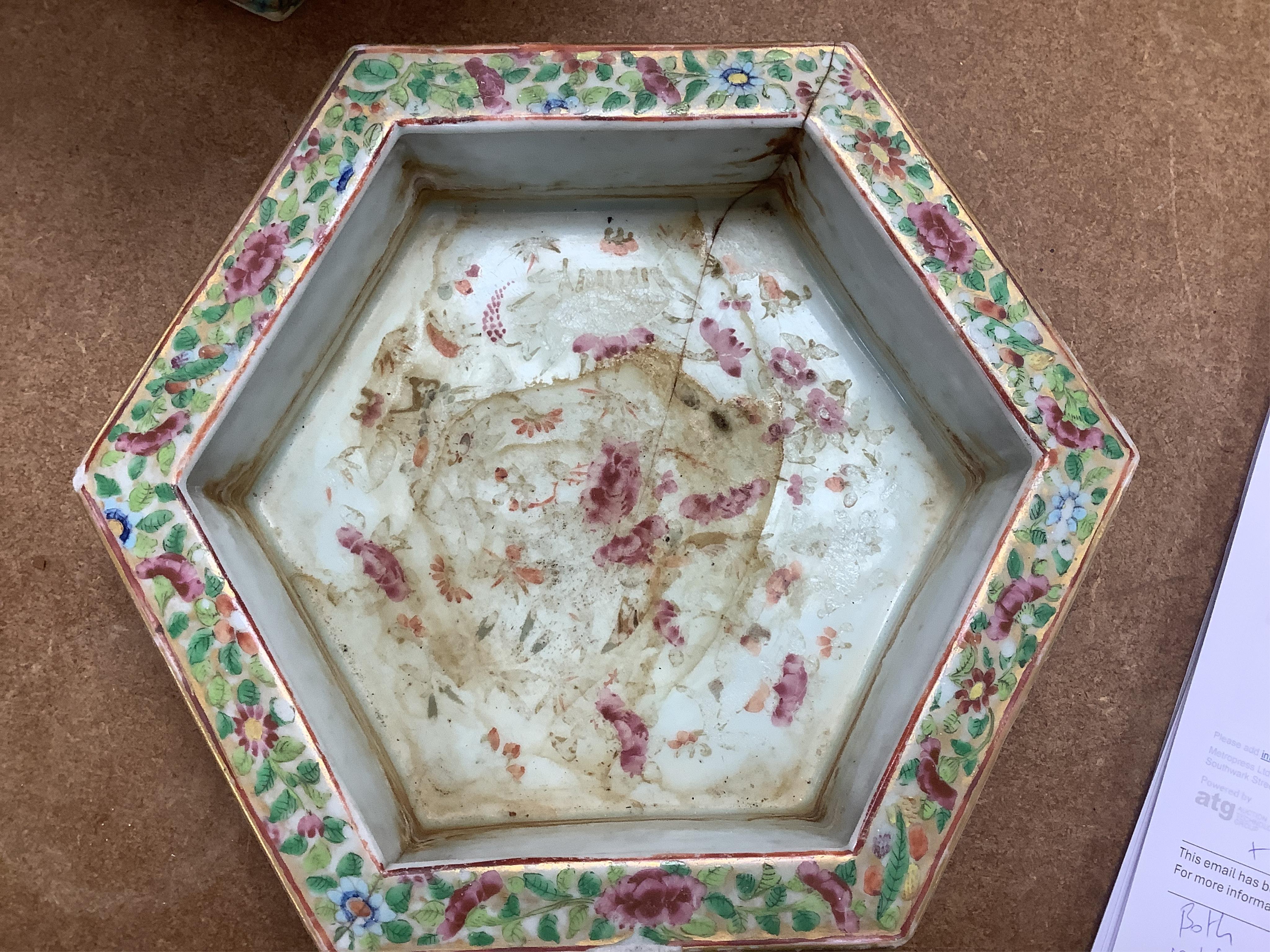 A 19th Chinese Canton decorated famille rose hexagonal planter, with stand, the stand cracked, 19.5cm total. Condition - fair